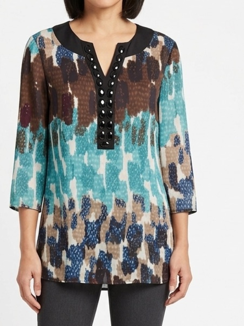 JENNIE & MARLIS Embellished Turquoise & Black 3/4 Sleeve Silky Blouse Tunic Top